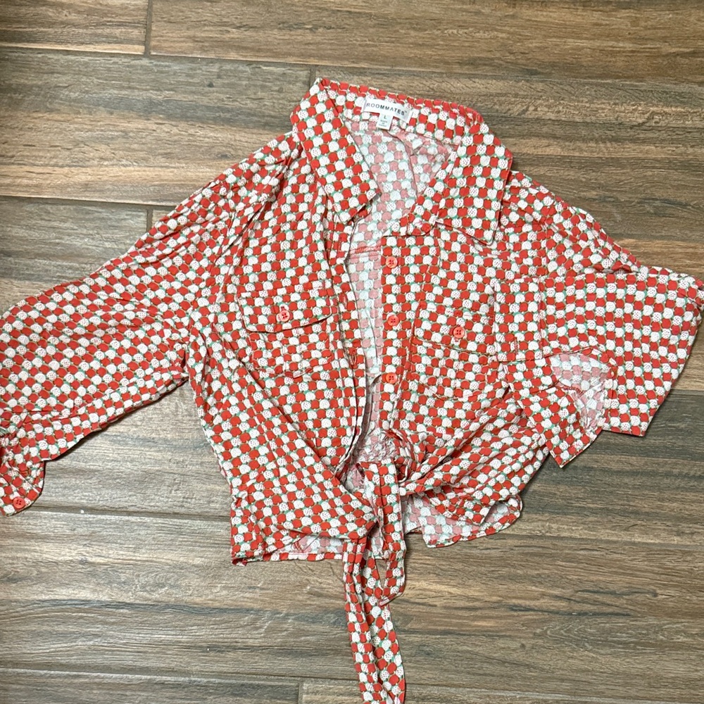 Roommates Red and White Checkered Blouse - Apple Pattern